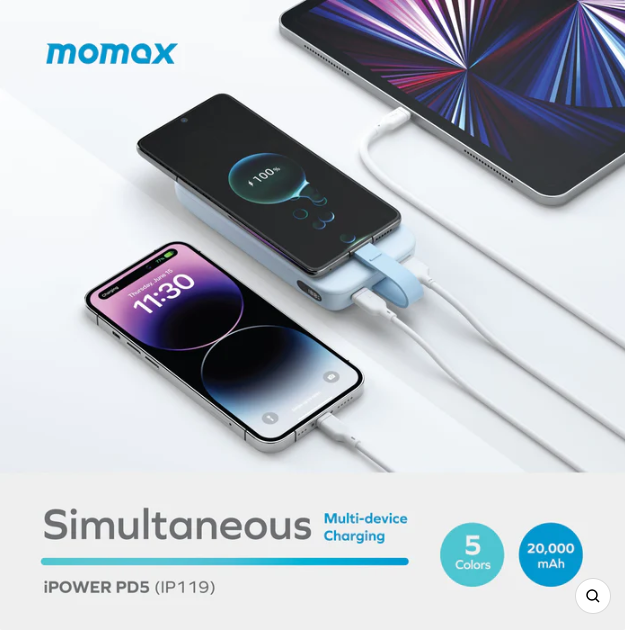 Momax iPower PD5 20,000mAh 22.5W Power Bank with Attached Type-C Cable